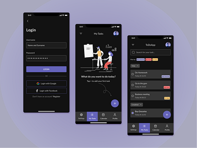 5 hour design challenge-ToDoApp app challenge course daily ui dark theme design figma illustration layout list login mobile on boarding purple screens simple task manager to do uiux webdesign