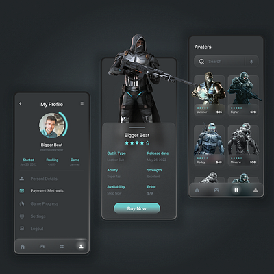 Gaming mobile app 3d dark theme gaming ui gun mobile design ui ux