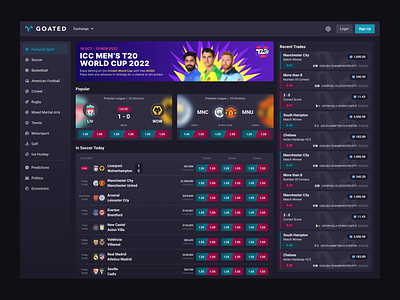 Goated Sports Betting Exchange bet betting crypto exchange fixtures gambling homepage landing platform product soccer sports sportsbook trade trading ui uiux ux web design website