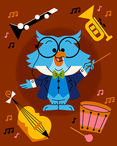 Professor Owl character cute disney fun happy illustration instruments music professor owl retro sing a long songs