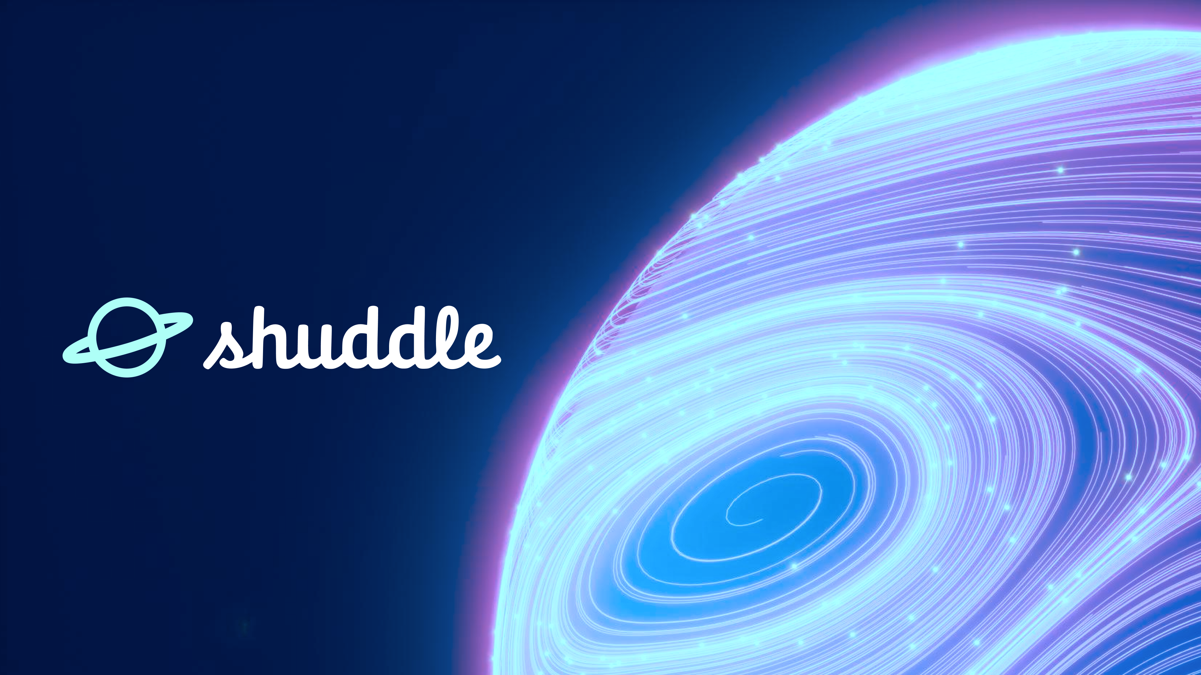 Introducing Shuddle: Shuddle logo with a vibrant planet in the background