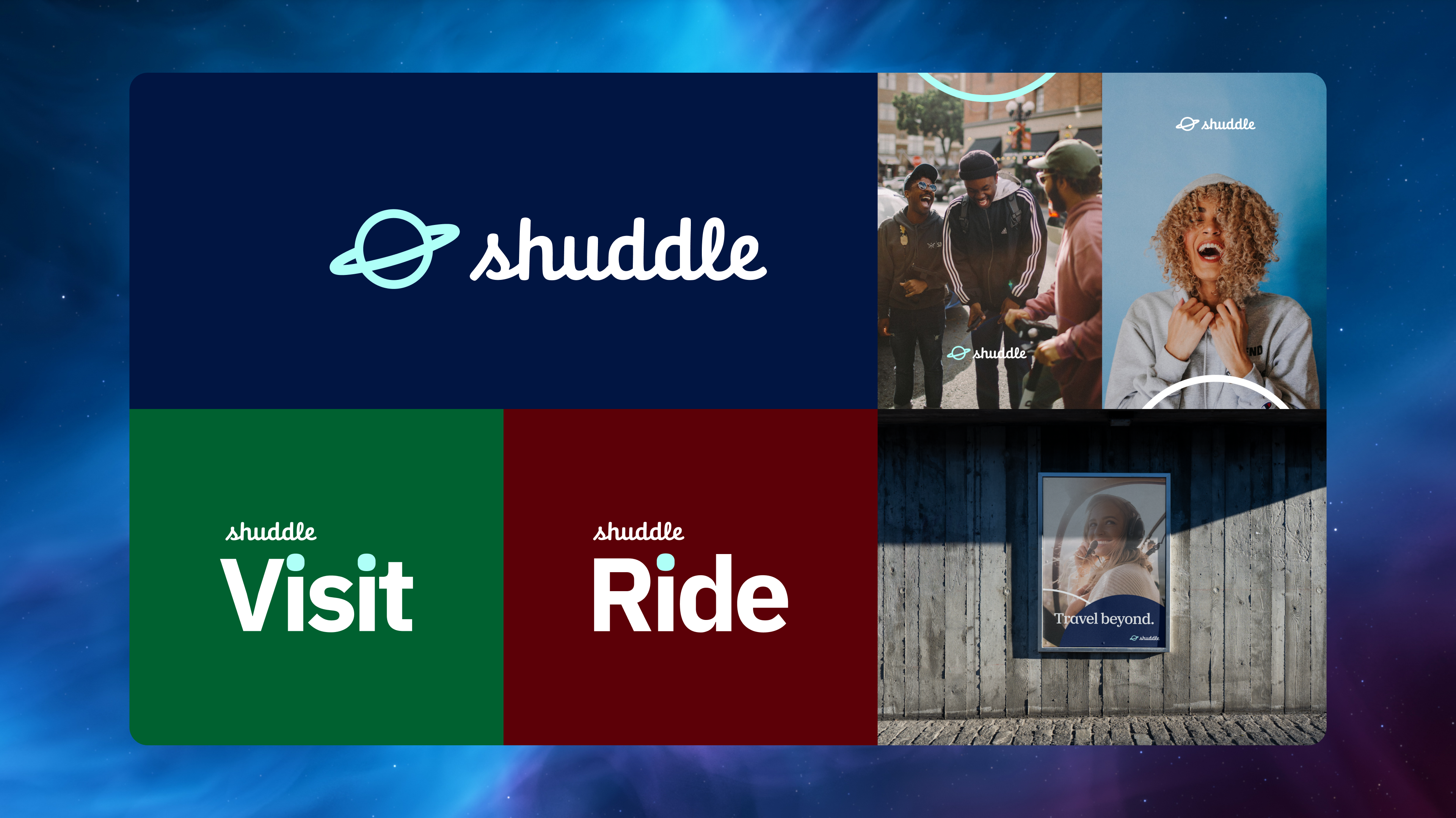 Brand Identity: Logos and Backgrounds - Shuddle (blue), Shuddle Visit (green), Shuddle Ride (Red).