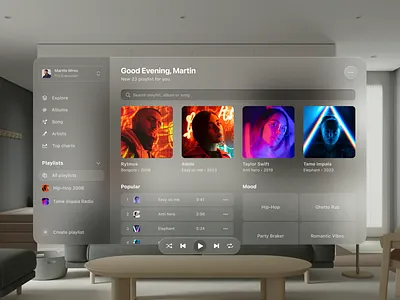 Music Player UI - Spatial Design apple ar artificial artist design flat home living room music player playlist reality sound spatial spotify virtual vision vision pro vr