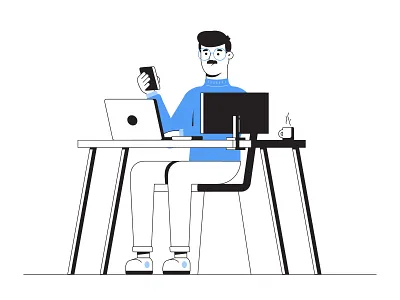 Work black blue character coffee computer desk glasses illustration illustrator laptop line line art line drawing mug mustache phone vector white work working