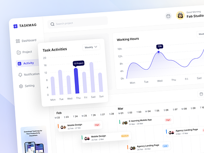 Taskmag - Statistic Project Manager app board dashboard design landing page plan project manager project manager dashboard statistic task manager task manager dashboard team team project timeline todo todolist ui ui design ux