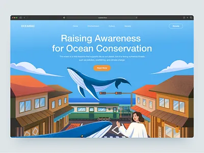 Oceaniac - Header Illustration awareness beach campaign climate design environment header hero section illustration landing page illustration landscape neighbourhood ocean restaurant sea society town web page illustration whale world ocean day