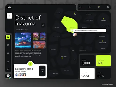 Urban District Planner - Dashboard UI animation architect branding city community dark mode district planning genshin genshin impact gps graphic design interactive ui japan maps minimal motion graphics neon colors ui urban planner ux