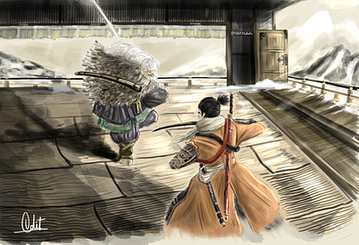 Sekiro vs Owl 2d digital art fromsoftware game art illustration sekiro soulslike