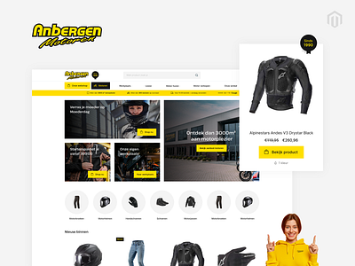 Anbergen Magento (Hyvä) design black branding clean design e commerce ecommerce flat hyva illustration logo magento motor motorcycle site ui ux webshop website yellow