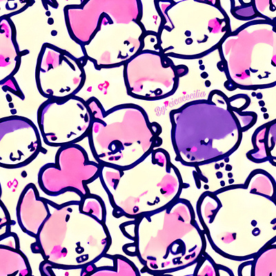 Kitty Face cat cicacecilia cute deco design emoji fabric face head illustration kawaii kid kitten kitty lilac pattern pink violet wallpaper white