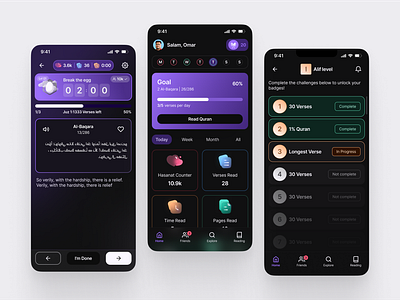 Quranly | Dark mode app black collabify dark edication friends gamification ios memorise mobile muslim progress purple quran read religous social stats ui ux