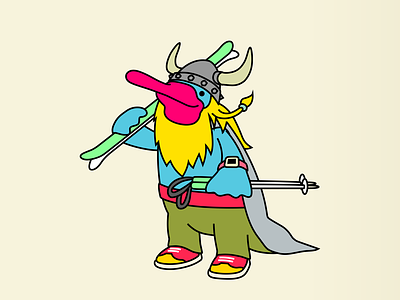 Vikypus animal branding cartoon character design helmet horns illustration mascot nordic norway norwegian platypus pulumi skiing viking