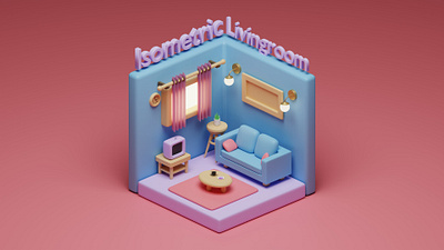 Isometric Livingroom 3d 3d modeling blender isometric livingroom pink room design