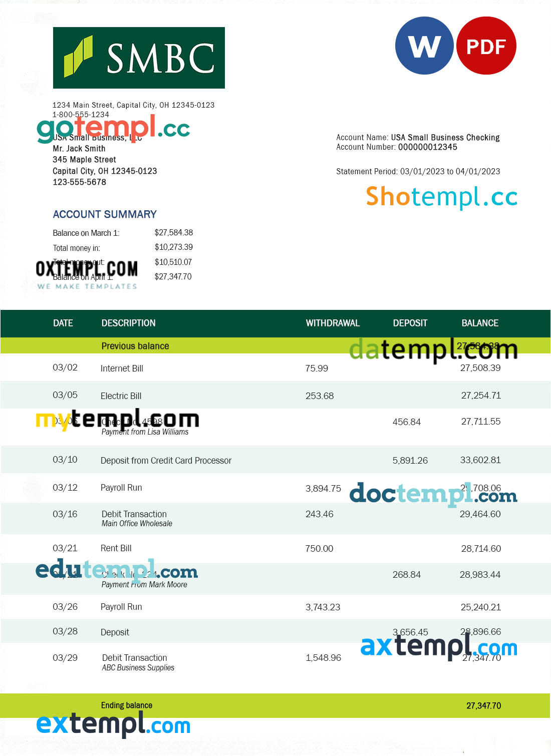 SMBC Bank business account statement Word and PDF template by doctempl ...