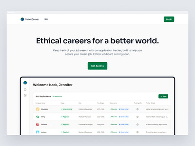 PlanetCareer - Job Application Tracker dashboard ethical jobs jobtracker minimal modern opentowork planetcareer untitledui