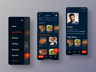 Dark theme - BBQ Delivery App a11y accessibility barbeque bbq case study casestudy dark mode dark ui delivery app figma food meal mobile ui prototype negative space product design typography usability ux ux research wcag