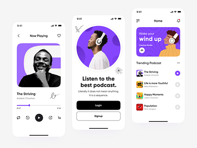Podcast Mobile Ios App UI 3 screens 999watt app design audio black blue design headphone home page images login music now playing play podcast purple signature ui ux welcome screen