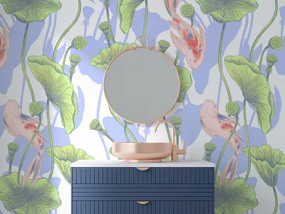 LOTUS- patterns & motifs artistic asian bathroom bathroom decor design floral motif graphic design hand drawn illustration koi carps lotus flowers nature pattern pattern design seamless pattern serene tranquil wall art wall covering wallpaper