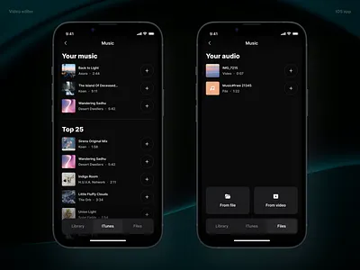 Video editor | Add music dark design ios ios app list mobile music player ui ux uxui