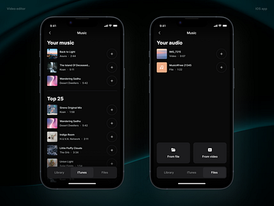 Video editor | Add music dark design ios ios app list mobile music player ui ux uxui