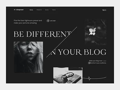 MinePreset black and white blog blogger creative layout dark dark design echo echo design echodesign flower gray hero section landing lightroom portrait preset typography ui design web design website