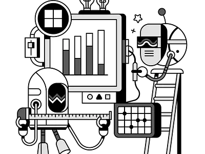 Pieces.app / Robots Building Computer adobe illustrator branding character design coding contrast data design flat graphic illustration programming robots technology vector