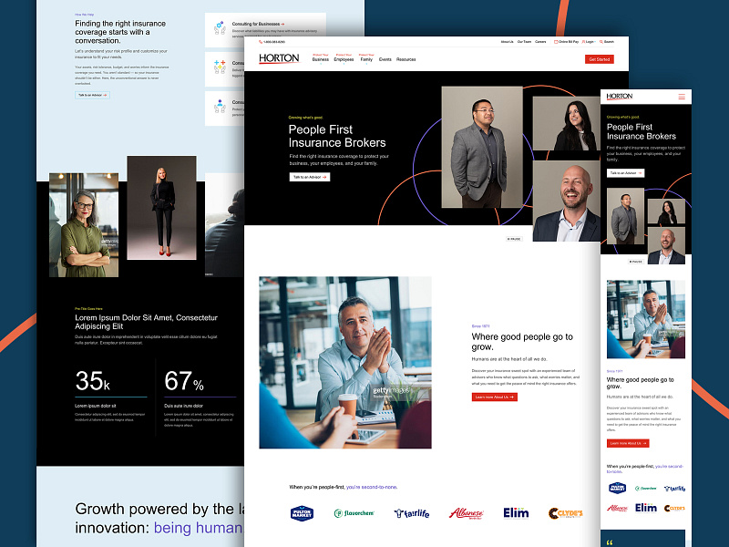 The Horton Group - Homepage clean contrast homepage insurance logos overlap people photography professional responsive rings scale simple sophisticated stats timeless ui ux web design website