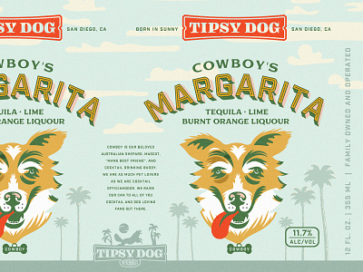 Canned Cocktail | Tipsy Dog australian shepard badge beach branding california canned cocktail digital illustration dog illustration logo design margarita packaging packaging design palm trees rtd southern california tequila type typography visual identity