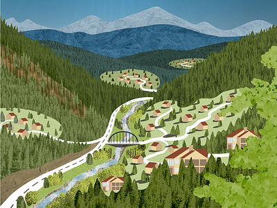 Climate Change - Mountain Future Scenario birds eye landscape climate change colorado defensible spaces digital illustration environmental forest mixed media mountain communities mountain lansdcape storymaps wildfire