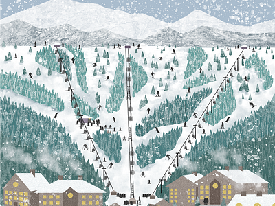 Ski Mountain - Illustrated Scene climate change colorado digital illustration mixed media rockies ski lift ski mountain ski slopes ski village snow storymap art winter