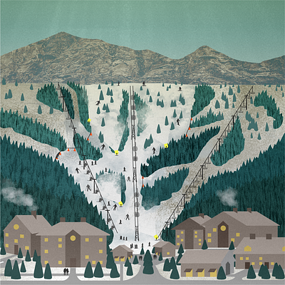 Ski Mountain - Climate Change Scene climate change collage colorado digital illustration environmental art mixed media rockies ski slopes ski village storymap art winter tourism