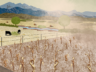 Climate Change Scene - Plains Agriculture agricultural illustration climate change digital illustration drought dry corn dust cloud environmental art future scenario illustration grazing hay bales mixed media soil clods storymap