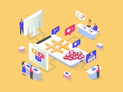 Social Network Isometric Illustration 3d app blogging concept design illustration infographic isometric isometry landing mobile network networking page people smartphone social vector web website