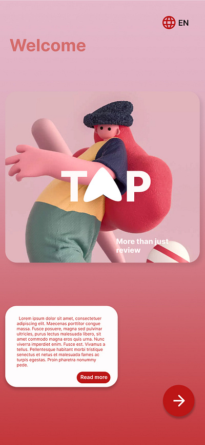 Start page of TAP (review mobile app) branding graphic design ui