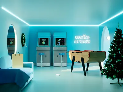 Blue room 3d arcade babyfoot bag ball blue cgi crown dog fun gift illustration joystick match neon players screens snake sofa toy