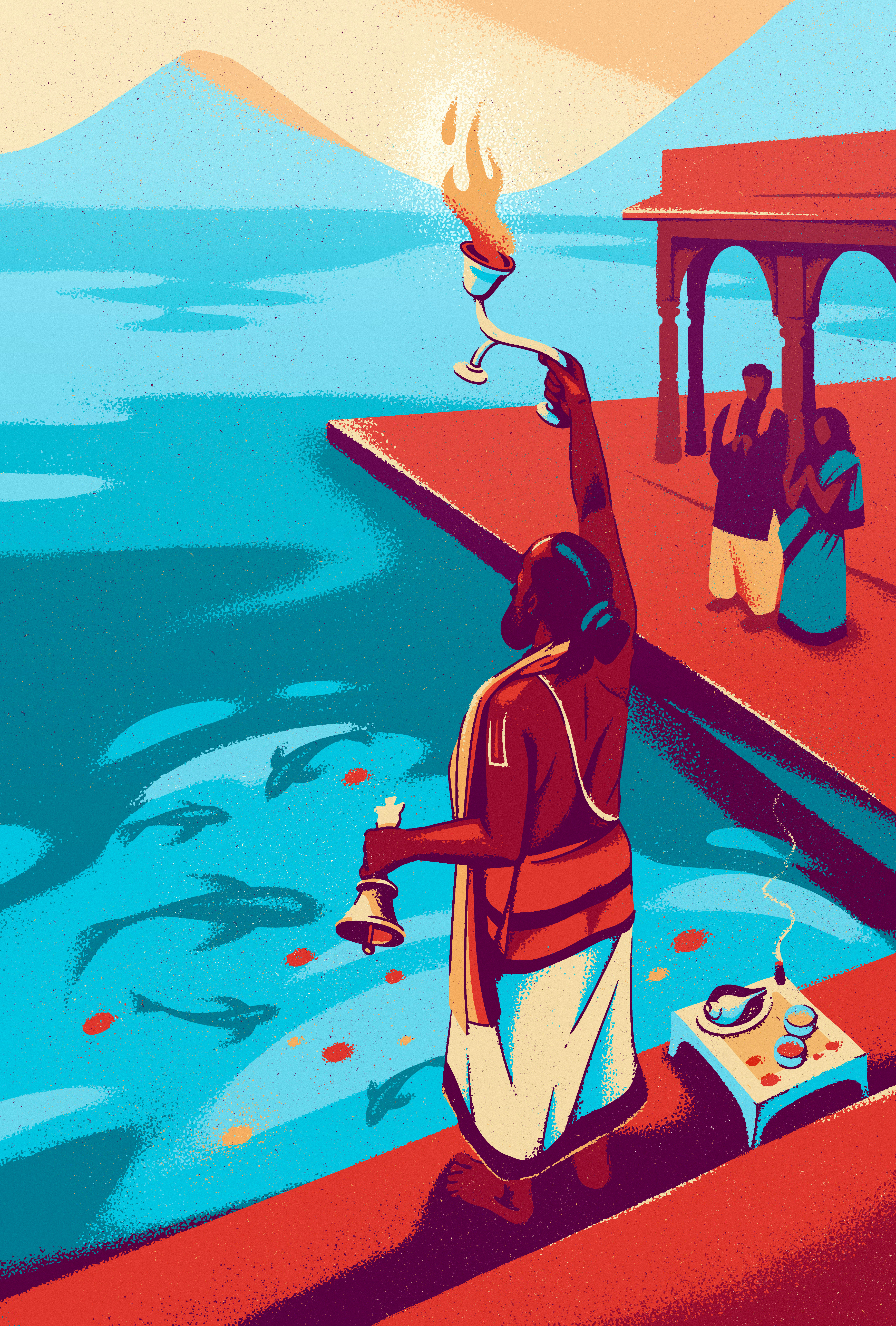 Pushkar aarti aarti bell character fire fish hindu illustration india krishna lake mountain mystic pool prayer priest procreate rajasthan sunset vishnu water