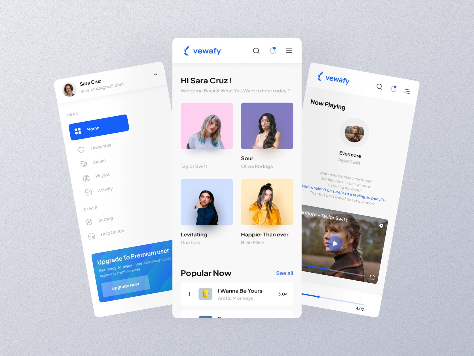 Vewafy - Music Player Responsive Dashboard clean dashboard minimalist mobile music music player music streaming now playing popular responsive trending ui ux