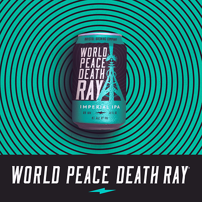 World Peace Death Ray - Imperial IPA Can Design beer brewery can can design colorado death lightning bolt packaging radio tower raygun teal tower world peace