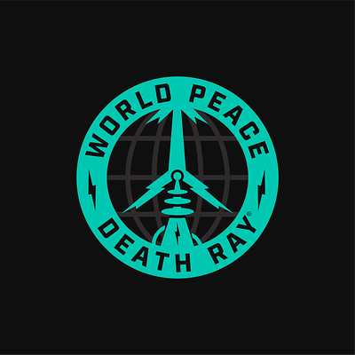 World Peace Death Ray Series Logo badge beer black brewery colorado death ray design earth globe lightning bolt. logo radio tower raygun teal world peace