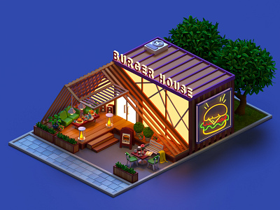 Burger House 3d 3dart 3ddesing blend blender blender3d blendercycles branding burger cgart design gameart graphic design illustration iso isometric logo ui