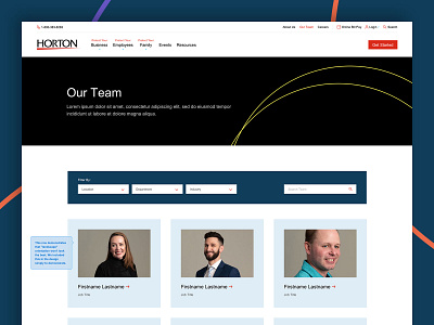 The Horton Group - Team landing page animation clean contrast directory facets filter insurance landing page people post type professional rings scale sophisticated team timeless web design website