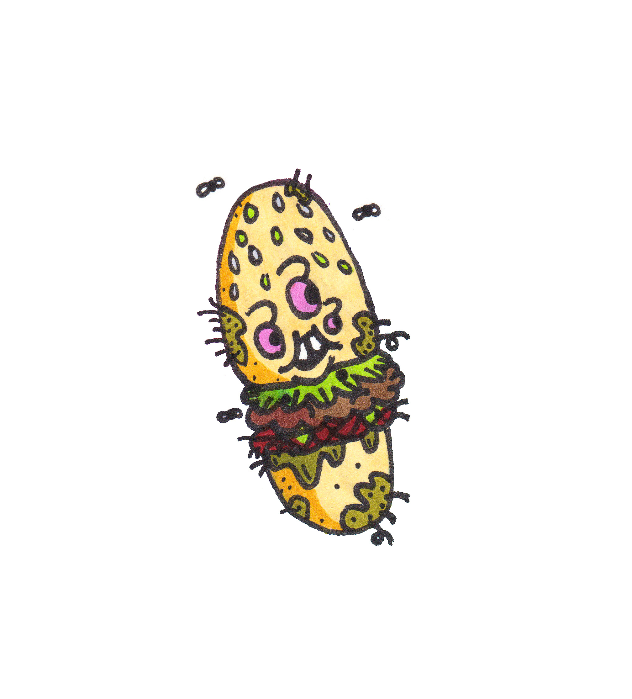 Burger Joint bun burger cartoon character doodle food gross hamburger hand drawn illustration lettuce markers meat moldy restaurant seeds shadow