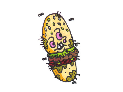 Burger Joint bun burger cartoon character doodle food gross hamburger hand drawn illustration lettuce markers meat moldy restaurant seeds shadow
