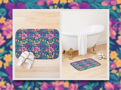 Purple and Yellow Floral Pattern ai apparel designs bath mat fabric art floral flowers fresh graphic design green home decor illustration pattern pink product design purple seamless pattern tropical yellow