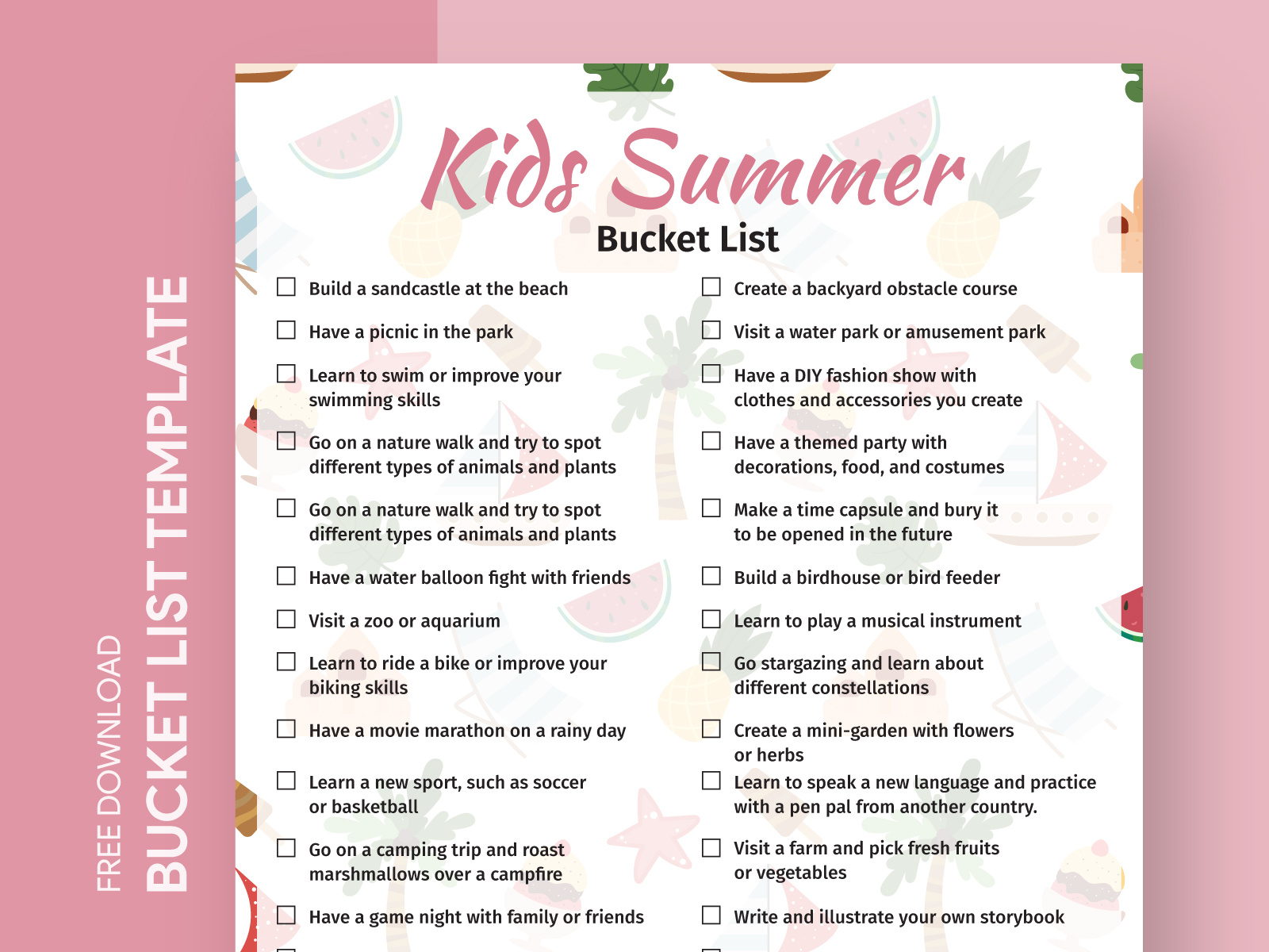 Kids Summer Bucket List Free Google Docs Template by Free Google Docs ...