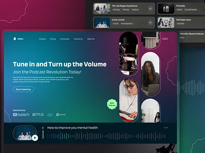 Podca: Podcast Platform Landing Page UI app app design application graphic design graphics home page insipiration landing page landingpagedesign podcast podcastapp streaming ui uidesign uiux uiux design ux webdesign website website design
