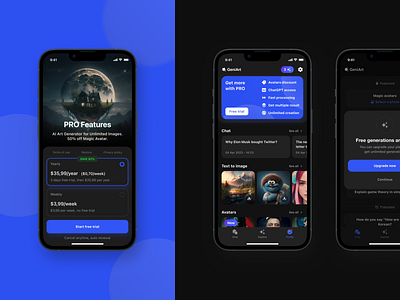 AI app | Paywall and profile app blue dark design interface ios mobile paywall profile ui ux