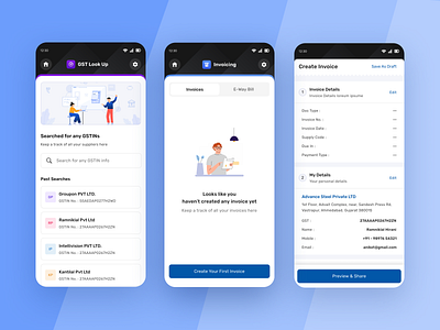 Mobile Invoices builder, GST App for MSMEs accounting accounts app bills cards e invoice forms gst invoice list minimal mobile dashboard mobile list onboarding preview responsive vendor wizard
