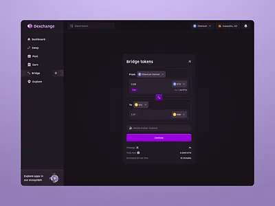 Bridging on Dexchange app blockchain bridge defi design tokens ui ux web3