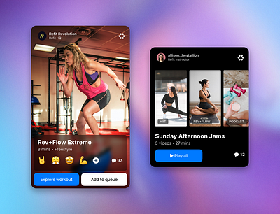 Refit - Workout Cards card comment concept emoji feed fitness gradient health ios media playlist queue reaction share social ui video workout